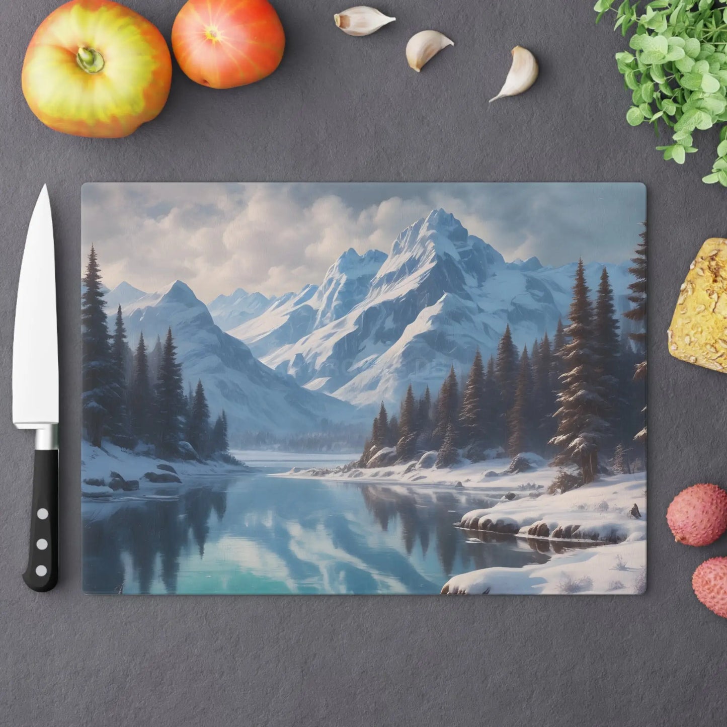 Winter Mountain Scenic Cutting Board — Snowy Lake Landscape Serving & Prep Board - Large - Home Decor