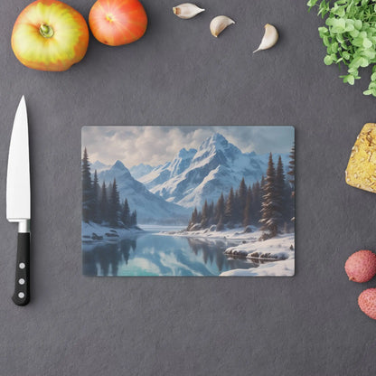 Winter Mountain Scenic Cutting Board — Snowy Lake Landscape Serving & Prep Board - Home Decor