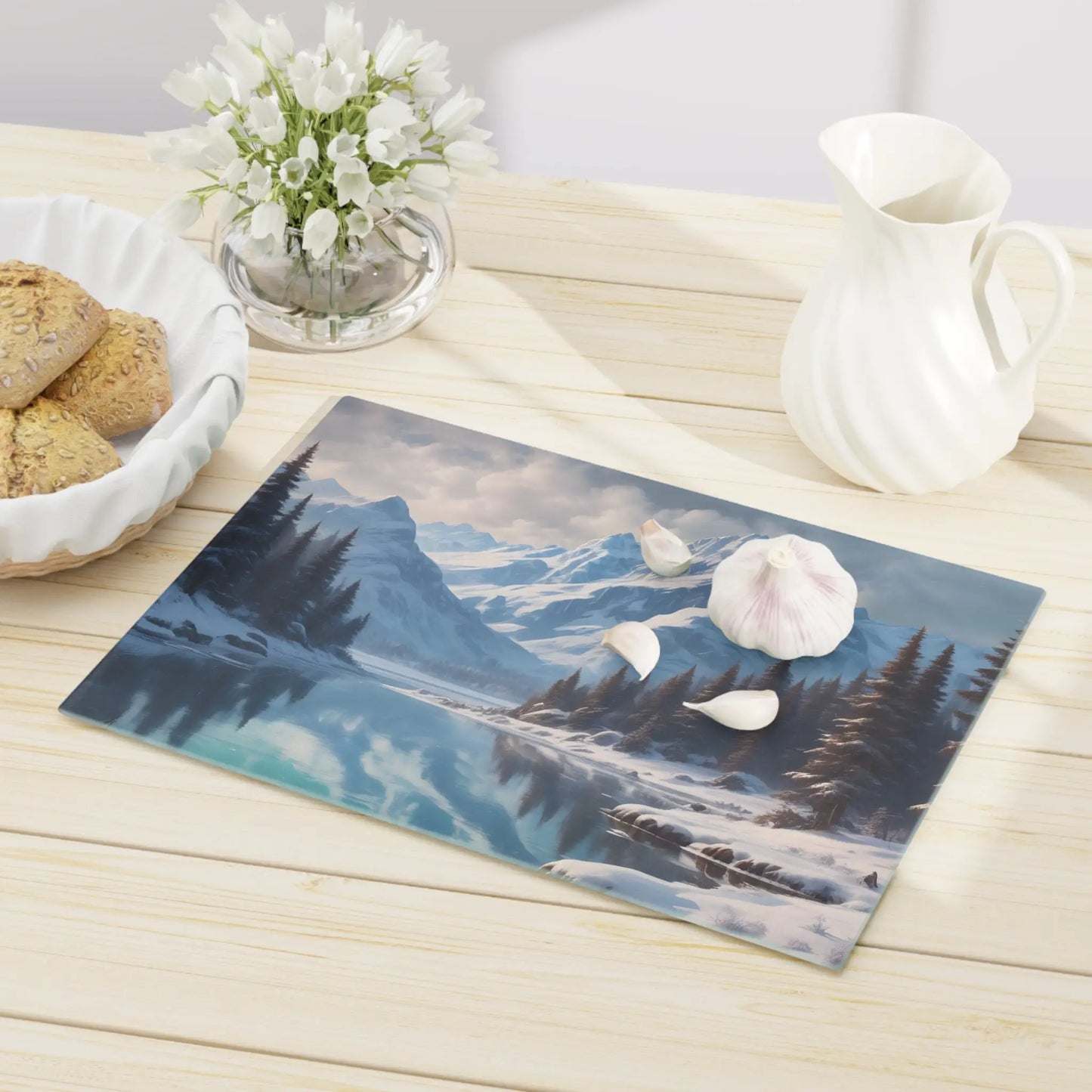 Winter Mountain Scenic Cutting Board — Snowy Lake Landscape Serving & Prep Board - Home Decor
