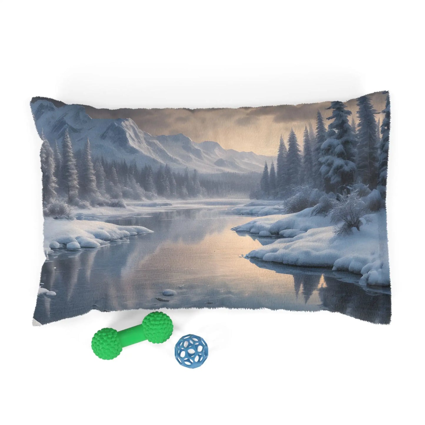 Winter Mountain Scenic Pet Bed — Cozy Snowy Lake Print for Dogs & Cats - 28’’ × 18’’ - Pets
