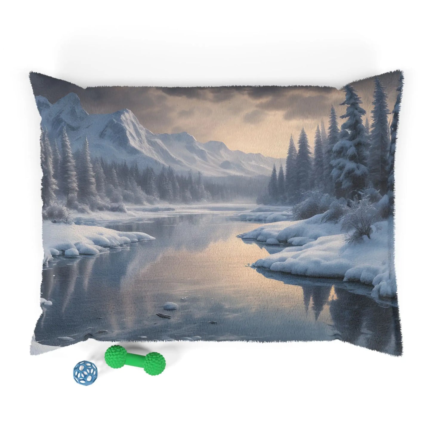 Winter Mountain Scenic Pet Bed — Cozy Snowy Lake Print for Dogs & Cats - 40’’ × 30’’ - Pets