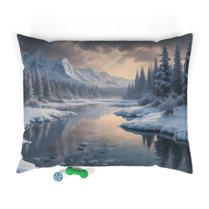 Winter Mountain Scenic Pet Bed — Cozy Snowy Lake Print for Dogs & Cats - 50’’ × 40’’ - Pets