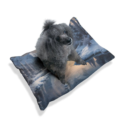 Winter Mountain Scenic Pet Bed — Cozy Snowy Lake Print for Dogs & Cats - Pets
