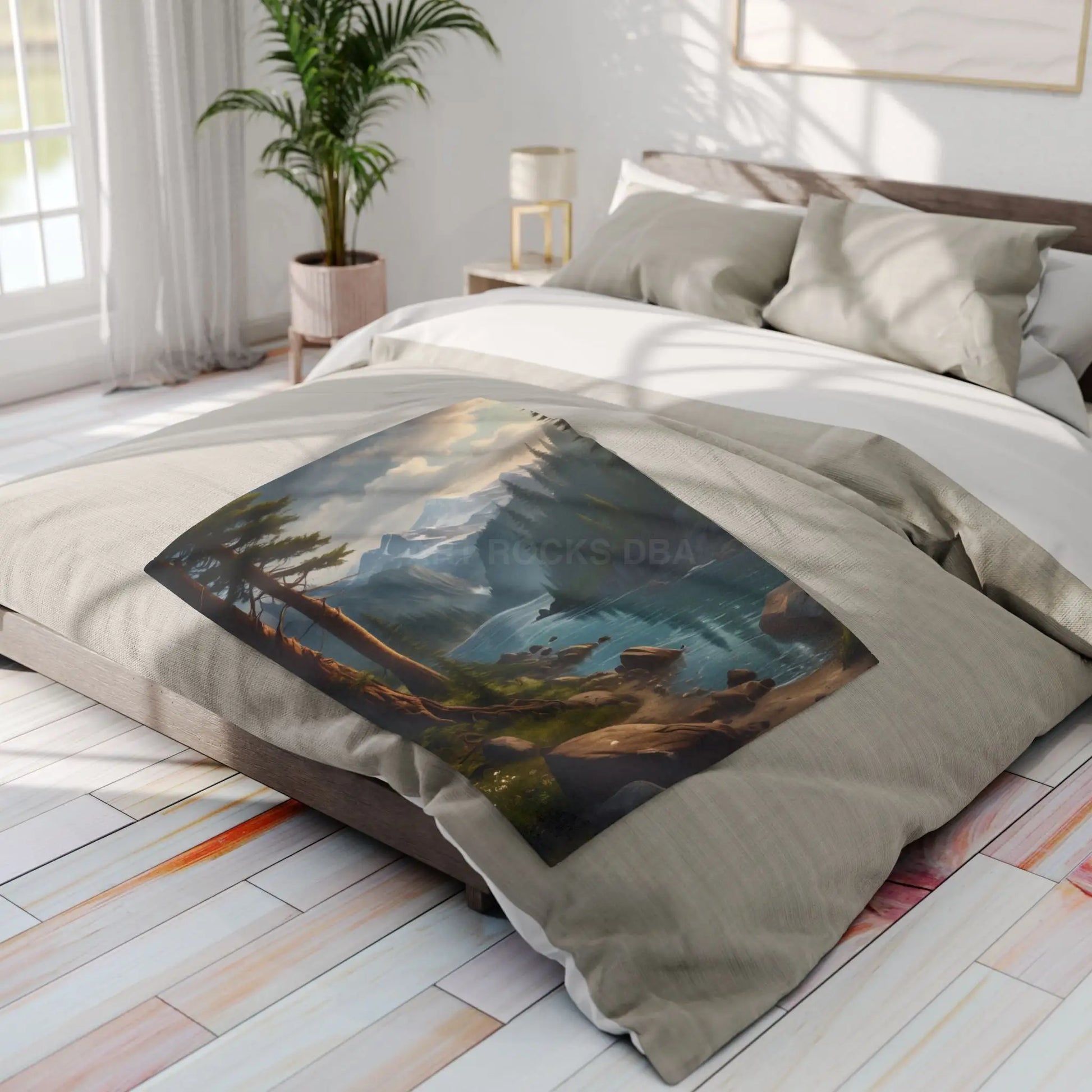 Winter River in the Pine Tree Mountains Arctic Fleece Blanket - Cozy Landscape Design for Outdoor Lovers - Home Decor