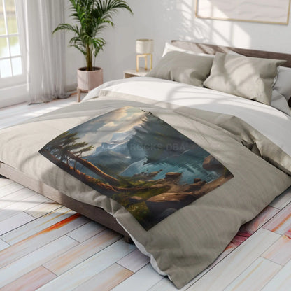 Winter River in the Pine Tree Mountains Arctic Fleece Blanket - Cozy Landscape Design for Outdoor Lovers - Home Decor