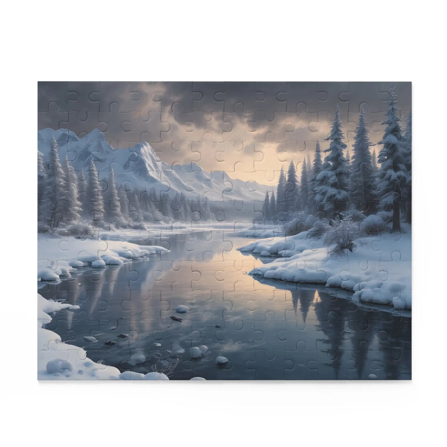 Winter River Landscape Puzzle — Serene Snowy Mountains 120/252/500-Piece Jigsaw - Puzzle