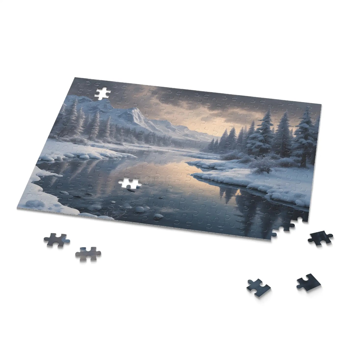 Winter River Landscape Puzzle — Serene Snowy Mountains 120/252/500-Piece Jigsaw - Puzzle