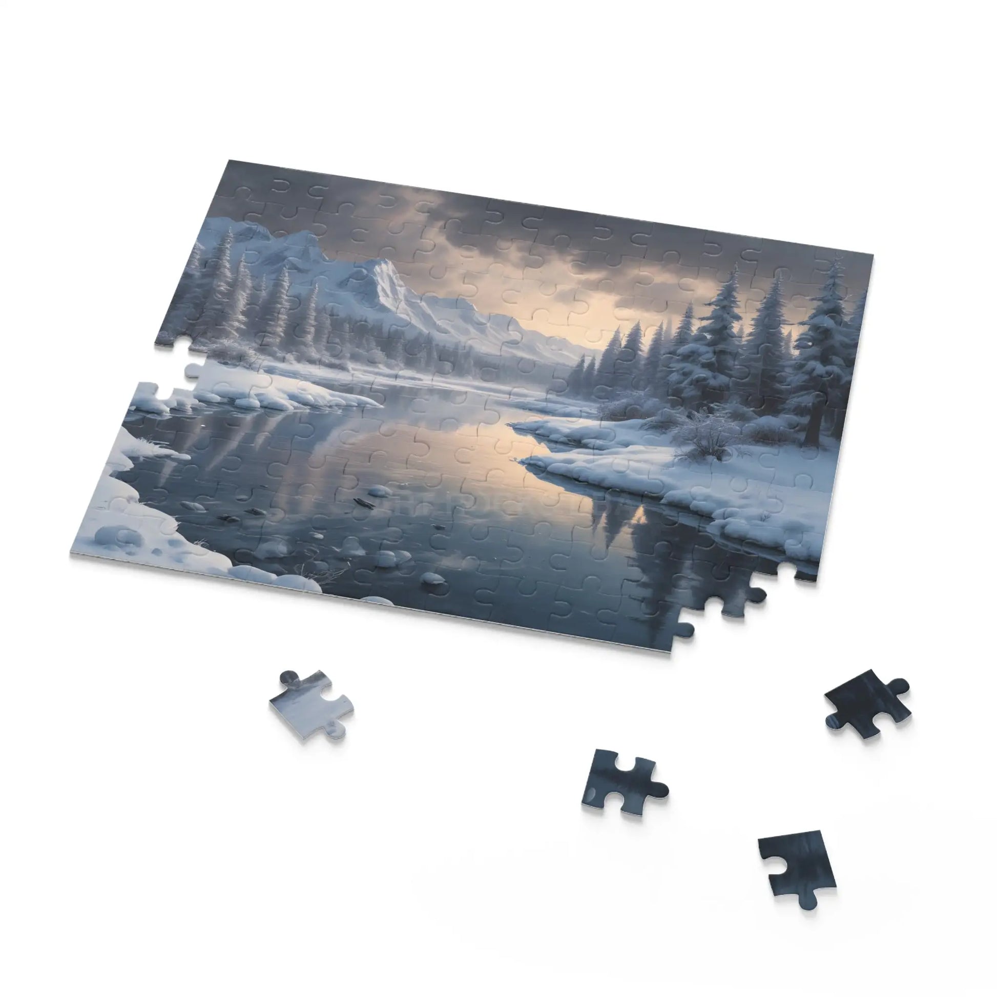 Winter River Landscape Puzzle — Serene Snowy Mountains 120/252/500-Piece Jigsaw - Puzzle
