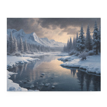 Winter River Landscape Puzzle — Serene Snowy Mountains 120/252/500-Piece Jigsaw - 14’’ × 11’’ (252 pcs) - Puzzle