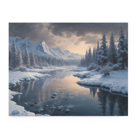 Winter River Landscape Puzzle — Serene Snowy Mountains 120/252/500-Piece Jigsaw - 14’’ × 11’’ (252 pcs) - Puzzle