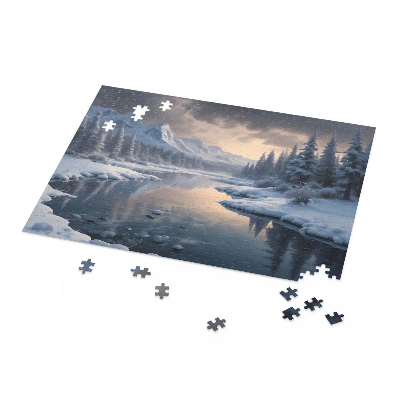Winter River Landscape Puzzle — Serene Snowy Mountains 120/252/500-Piece Jigsaw - Puzzle