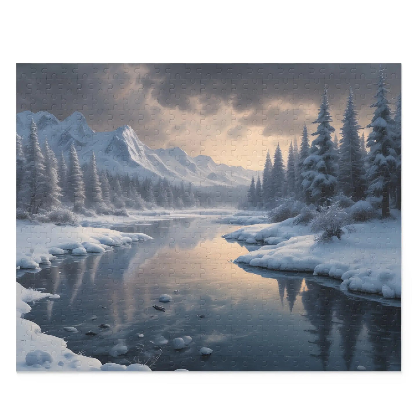 Winter River Landscape Puzzle — Serene Snowy Mountains 120/252/500-Piece Jigsaw - 20’’ × 16’’ (500 pcs) - Puzzle