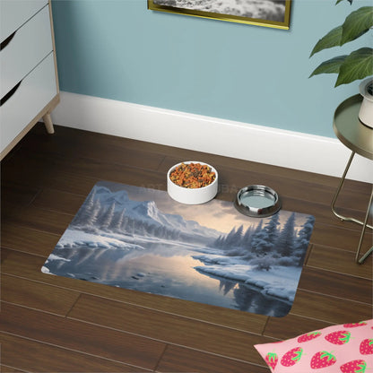 Winter River Pet Food Mat (12x18) - Snowy Mountain Landscape Placemat for Dogs & Cats - 12’’ × 18’’ / Rectangle - Pets