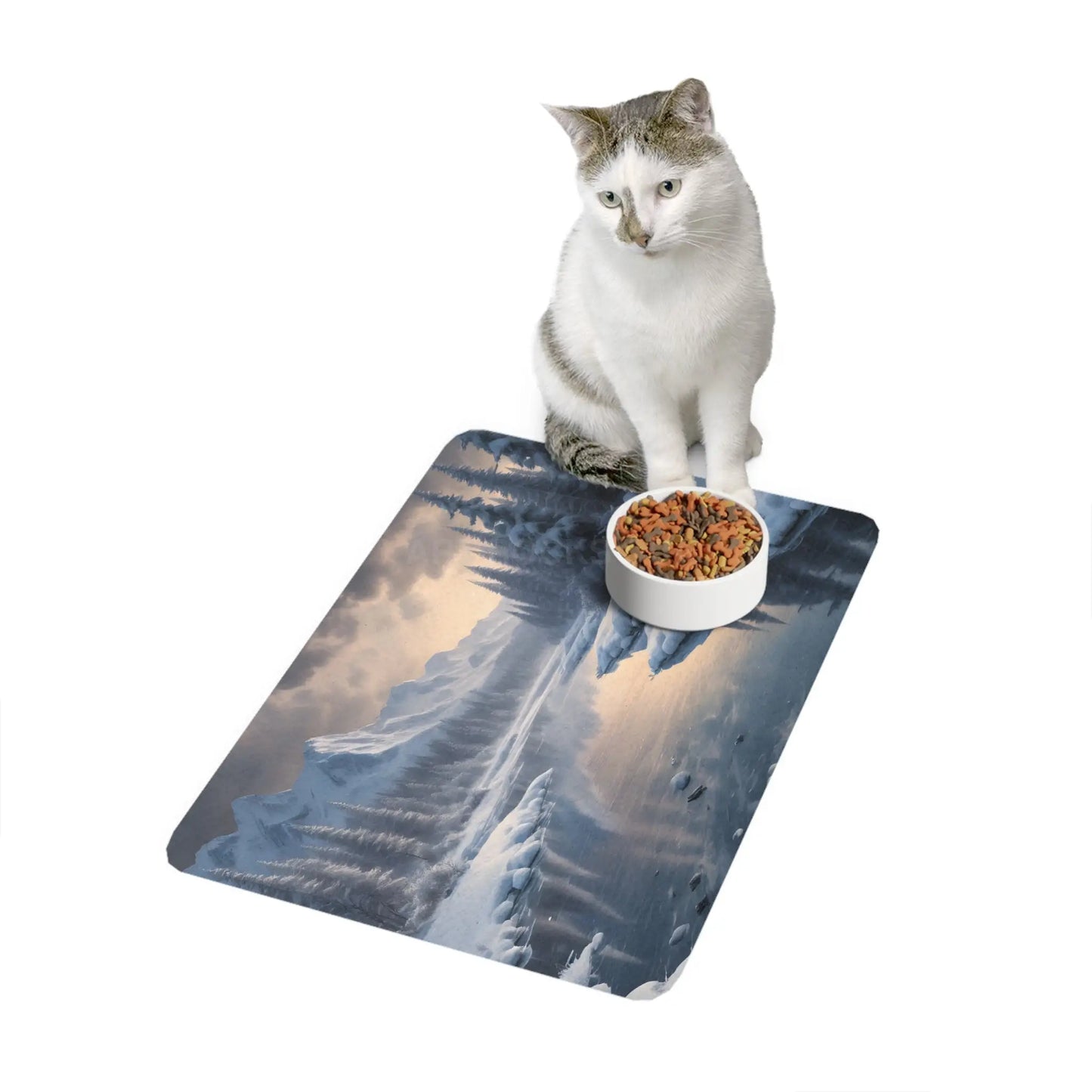 Winter River Pet Food Mat (12x18) - Snowy Mountain Landscape Placemat for Dogs & Cats - 12’’ × 18’’ / Rectangle - Pets