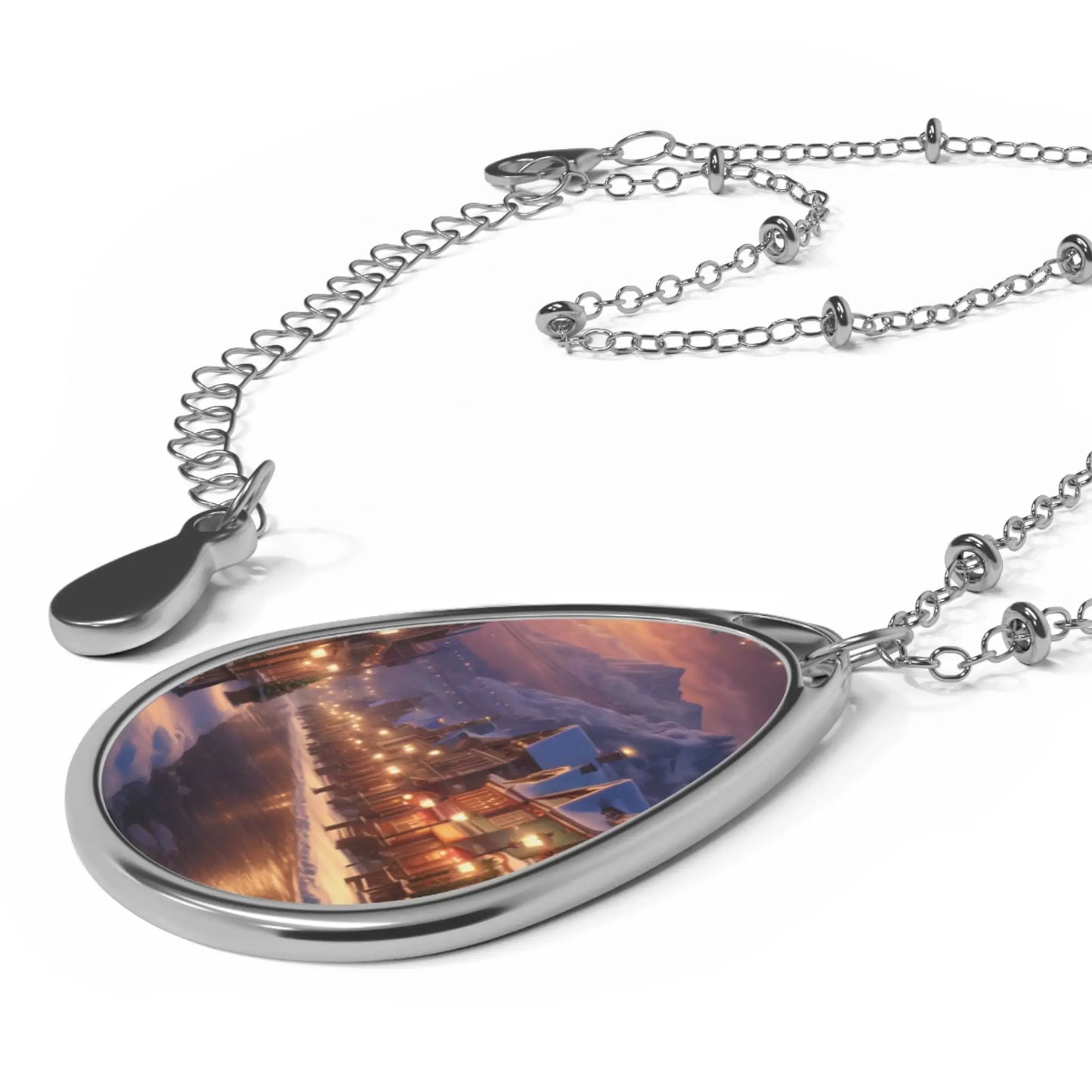 Winter Village Oval Necklace – Scenic Snowy Street Pendant - One Size / Silver - Accessories