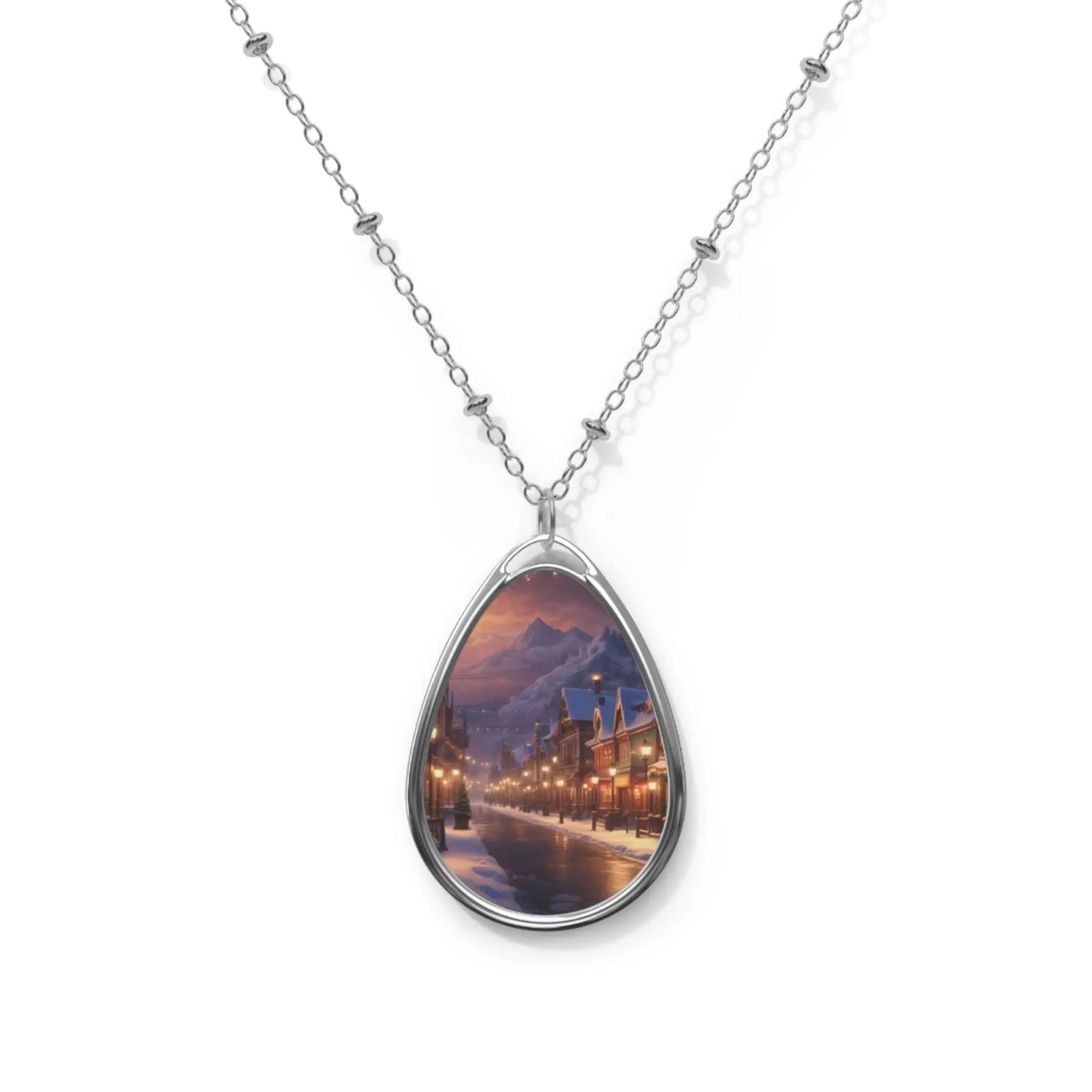 Winter Village Oval Necklace – Scenic Snowy Street Pendant - One Size / Silver - Accessories