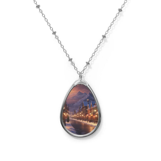 Winter Village Oval Necklace – Scenic Snowy Street Pendant - One Size / Silver - Accessories