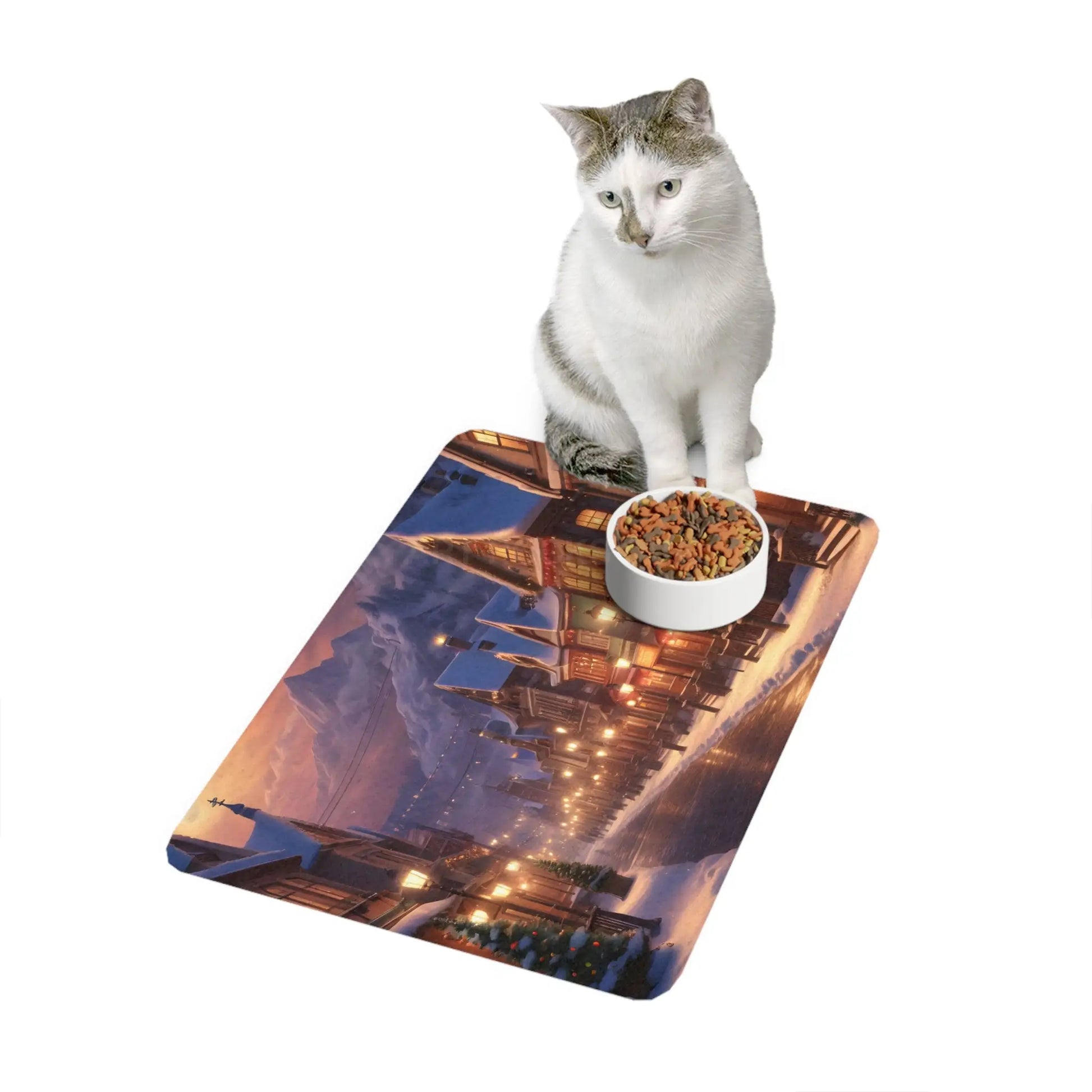 Winter Village Pet Food Mat (12x18) — Cozy Holiday Dog & Cat Placemat - 12’’ × 18’’ / Rectangle - Pets
