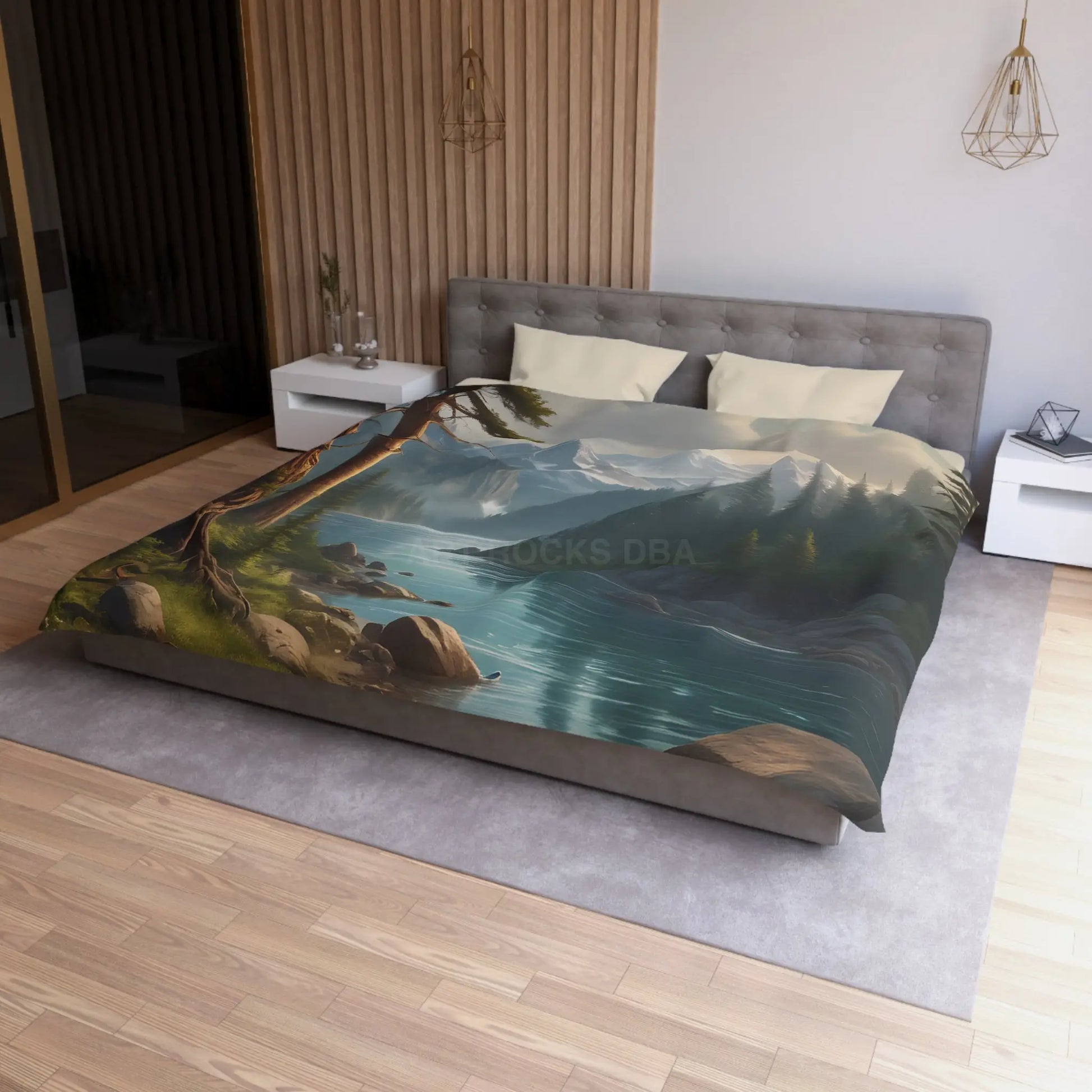 Wintry River in the Pine Tree Mountains Microfiber Duvet Cover - Nature-Inspired Bedding for Relaxation - Home Decor