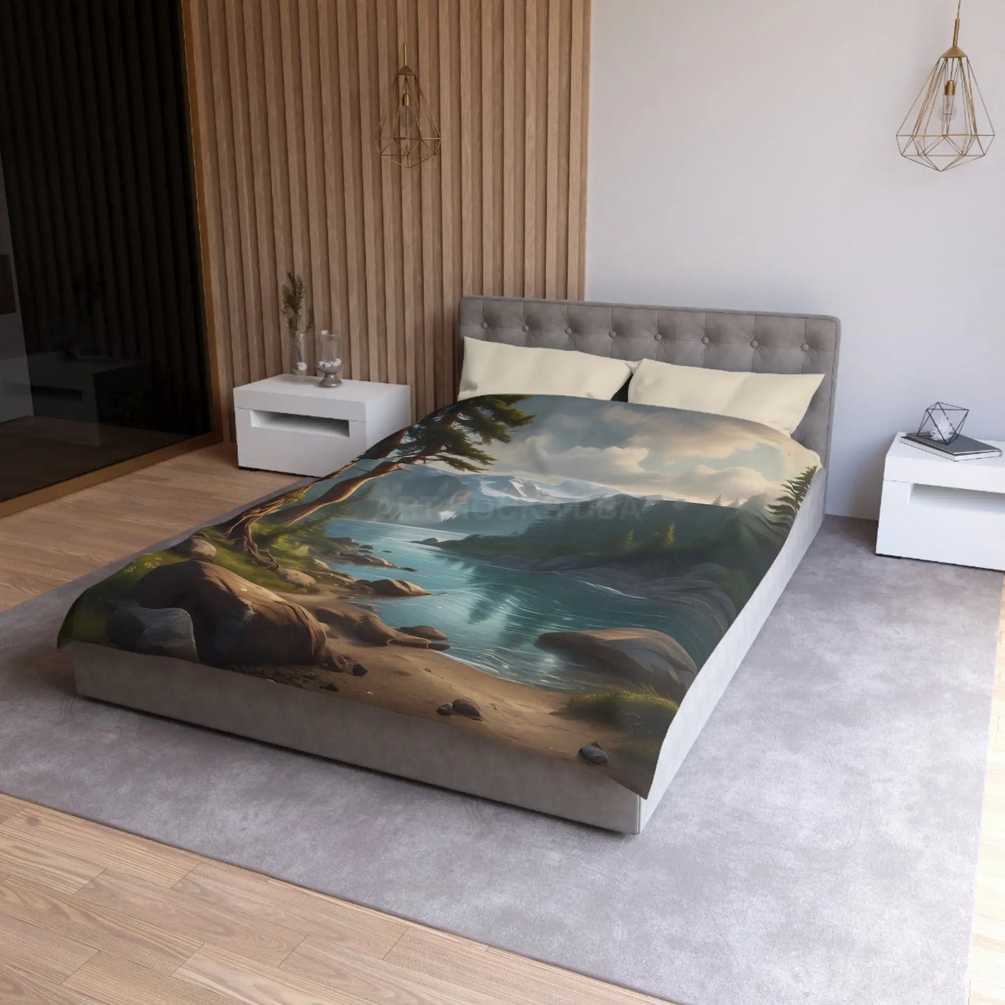 Wintry River in the Pine Tree Mountains Microfiber Duvet Cover - Nature-Inspired Bedding for Relaxation - Home Decor