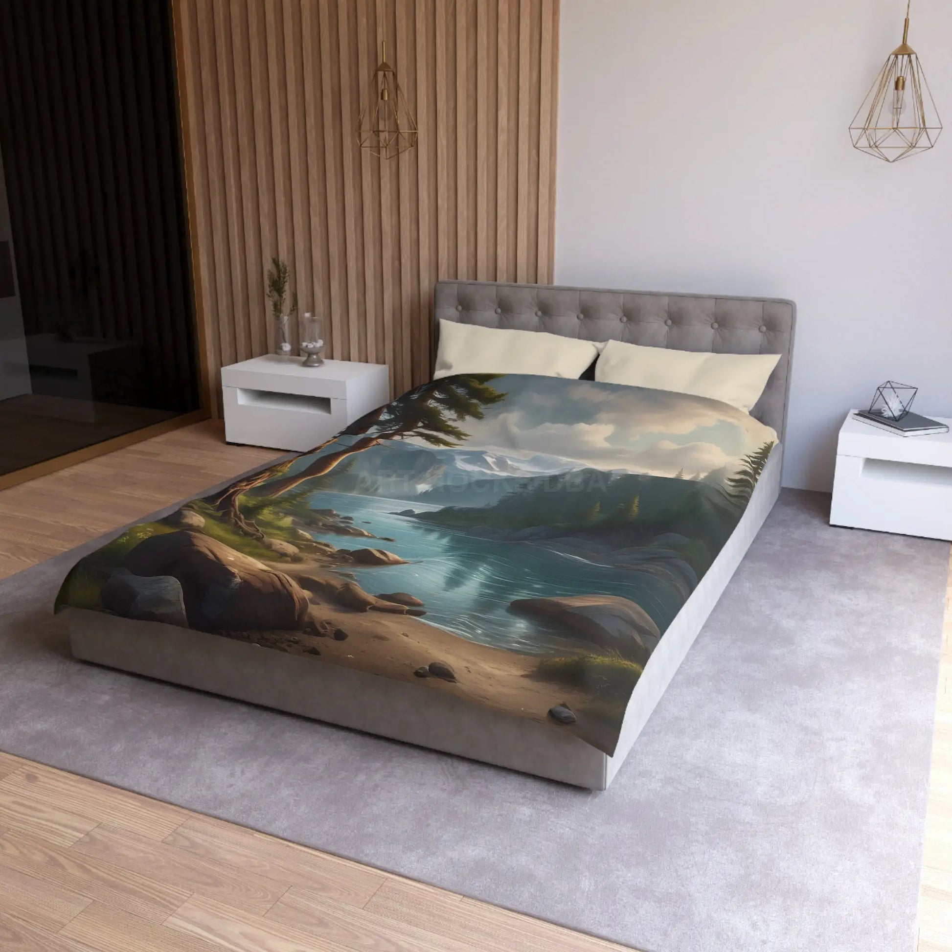 Wintry River in the Pine Tree Mountains Microfiber Duvet Cover - Nature-Inspired Bedding for Relaxation - Home Decor