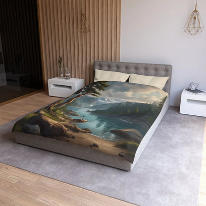 Wintry River in the Pine Tree Mountains Microfiber Duvet Cover - Nature-Inspired Bedding for Relaxation - Home Decor