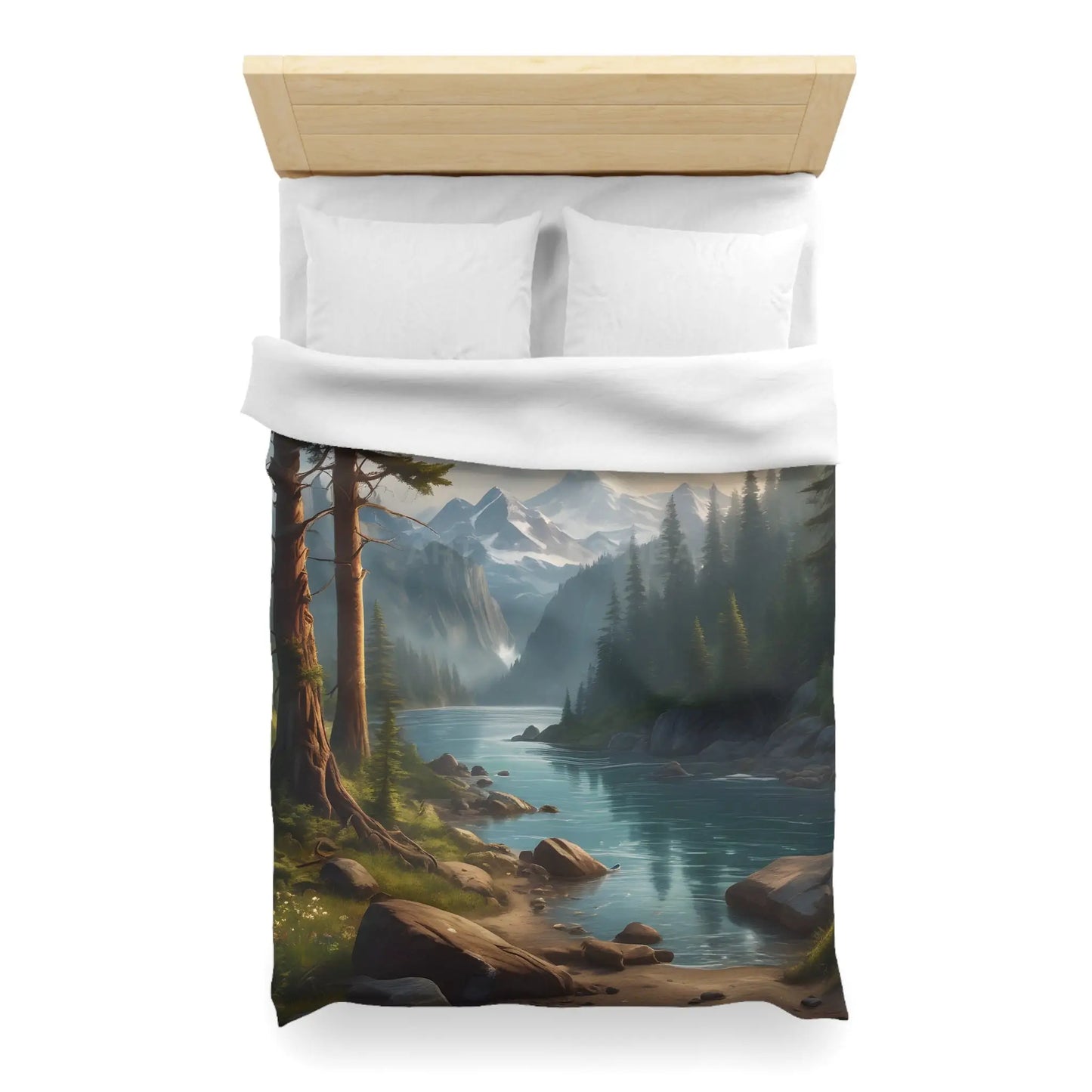 Wintry River in the Pine Tree Mountains Microfiber Duvet Cover - Nature-Inspired Bedding for Relaxation - Home Decor