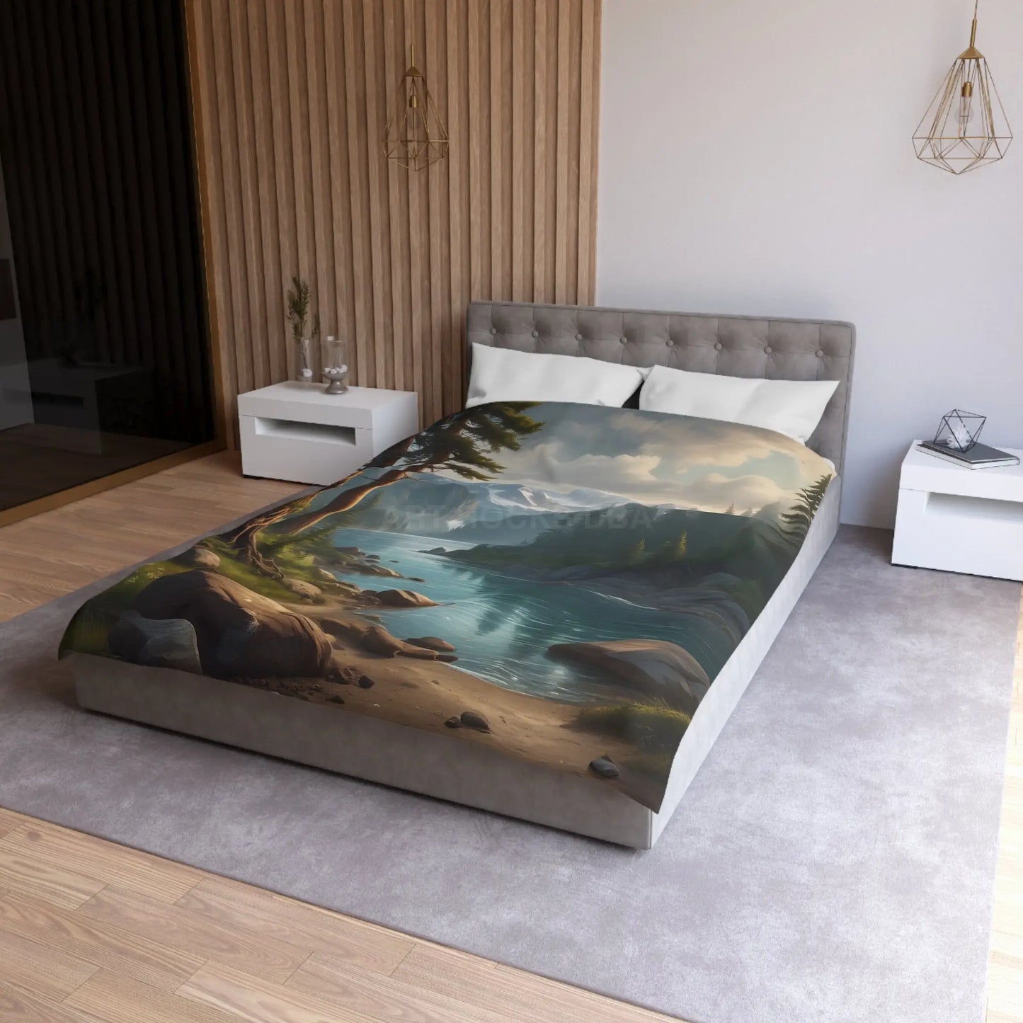 Wintry River in the Pine Tree Mountains Microfiber Duvet Cover - Nature-Inspired Bedding for Relaxation - Home Decor