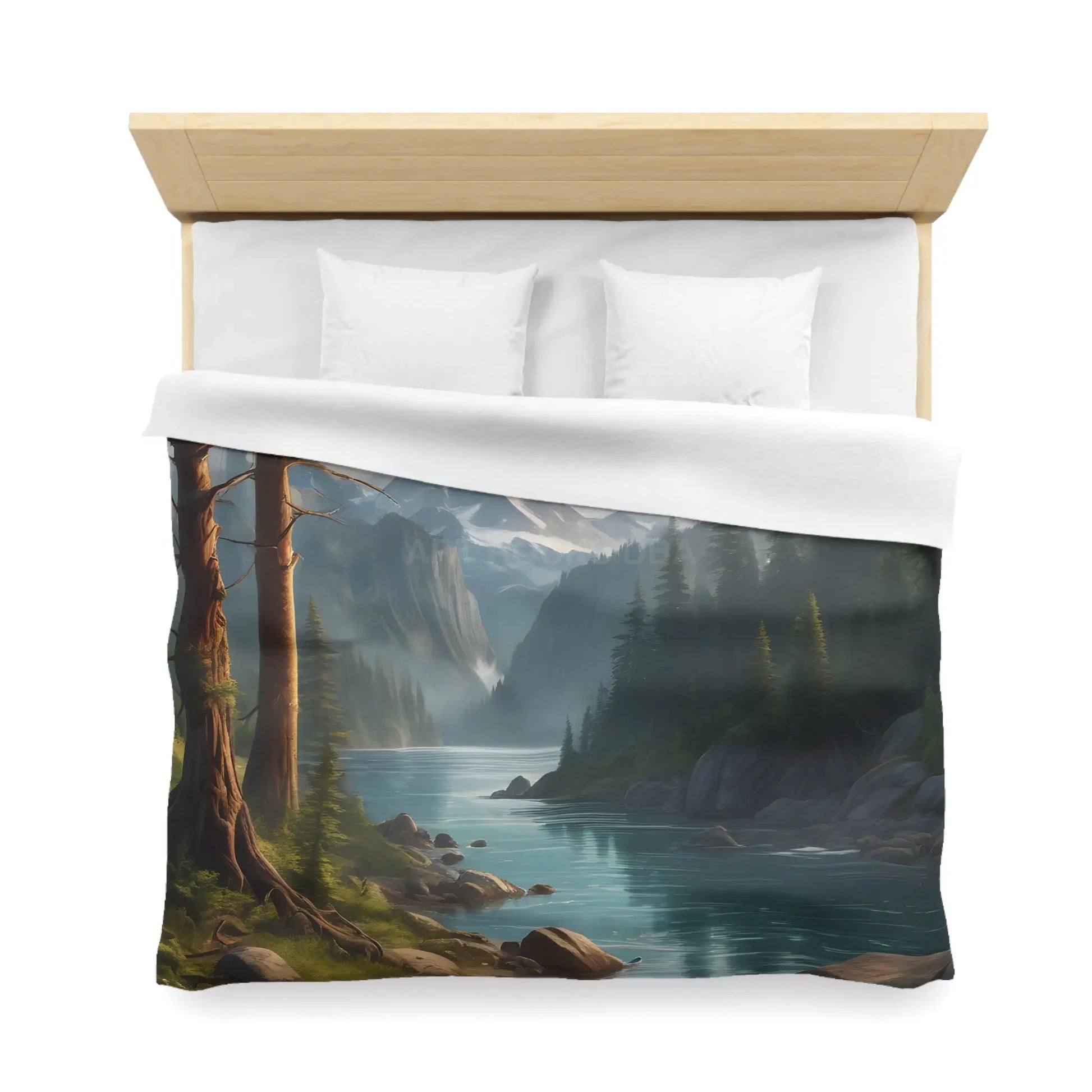Wintry River in the Pine Tree Mountains Microfiber Duvet Cover - Nature-Inspired Bedding for Relaxation - Home Decor
