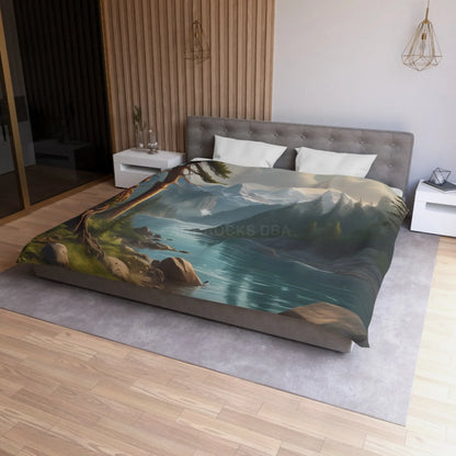 Wintry River in the Pine Tree Mountains Microfiber Duvet Cover - Nature-Inspired Bedding for Relaxation - Home Decor