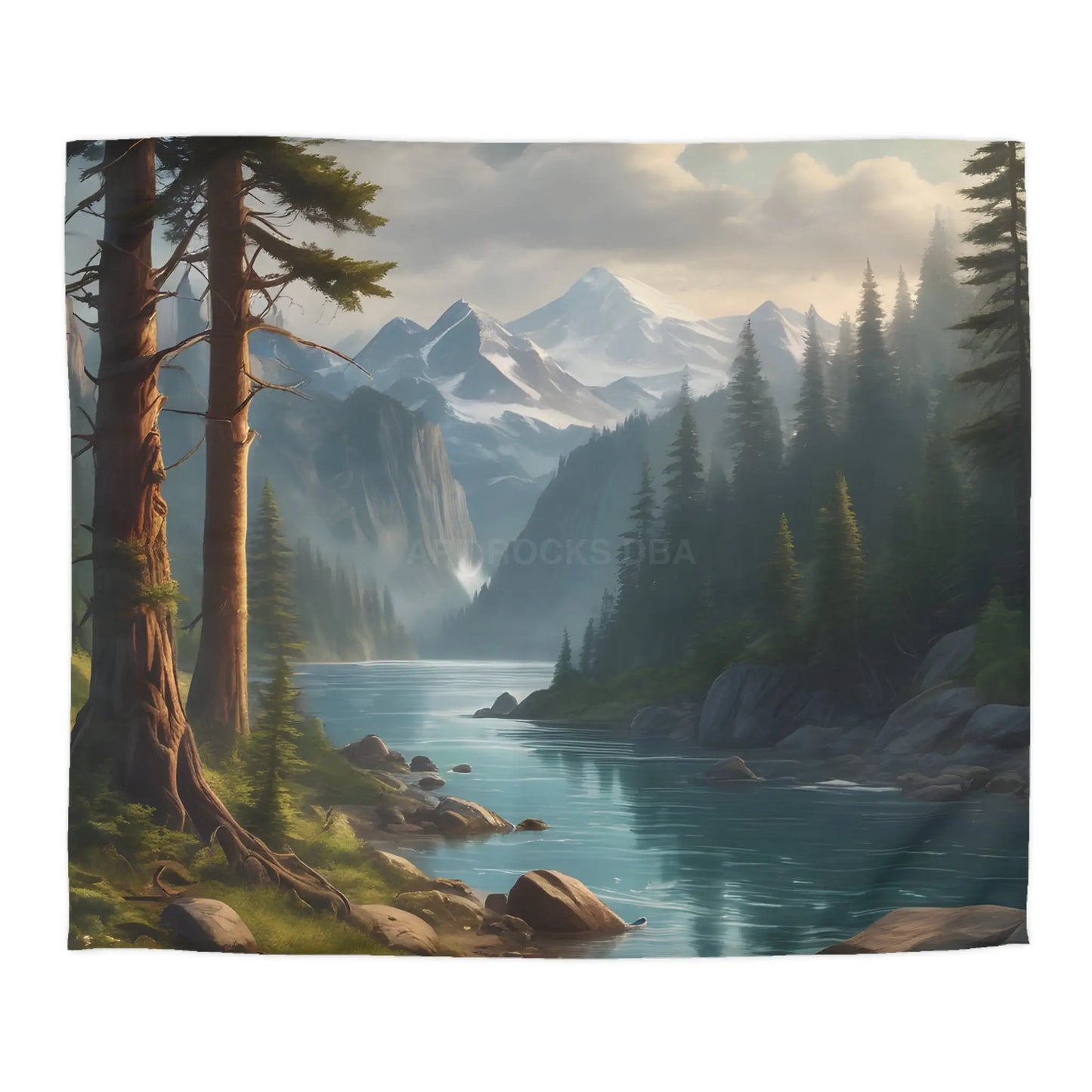 Wintry River in the Pine Tree Mountains Microfiber Duvet Cover - Nature-Inspired Bedding for Relaxation - King / White