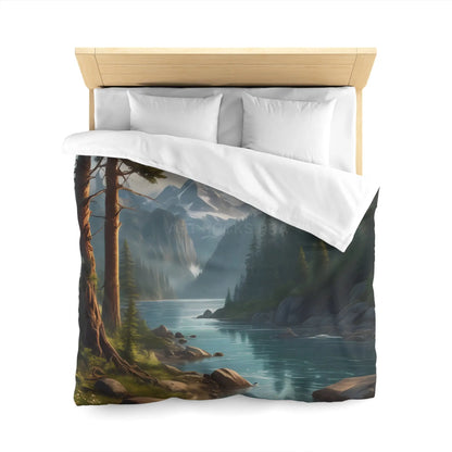 Wintry River in the Pine Tree Mountains Microfiber Duvet Cover - Nature-Inspired Bedding for Relaxation - Home Decor