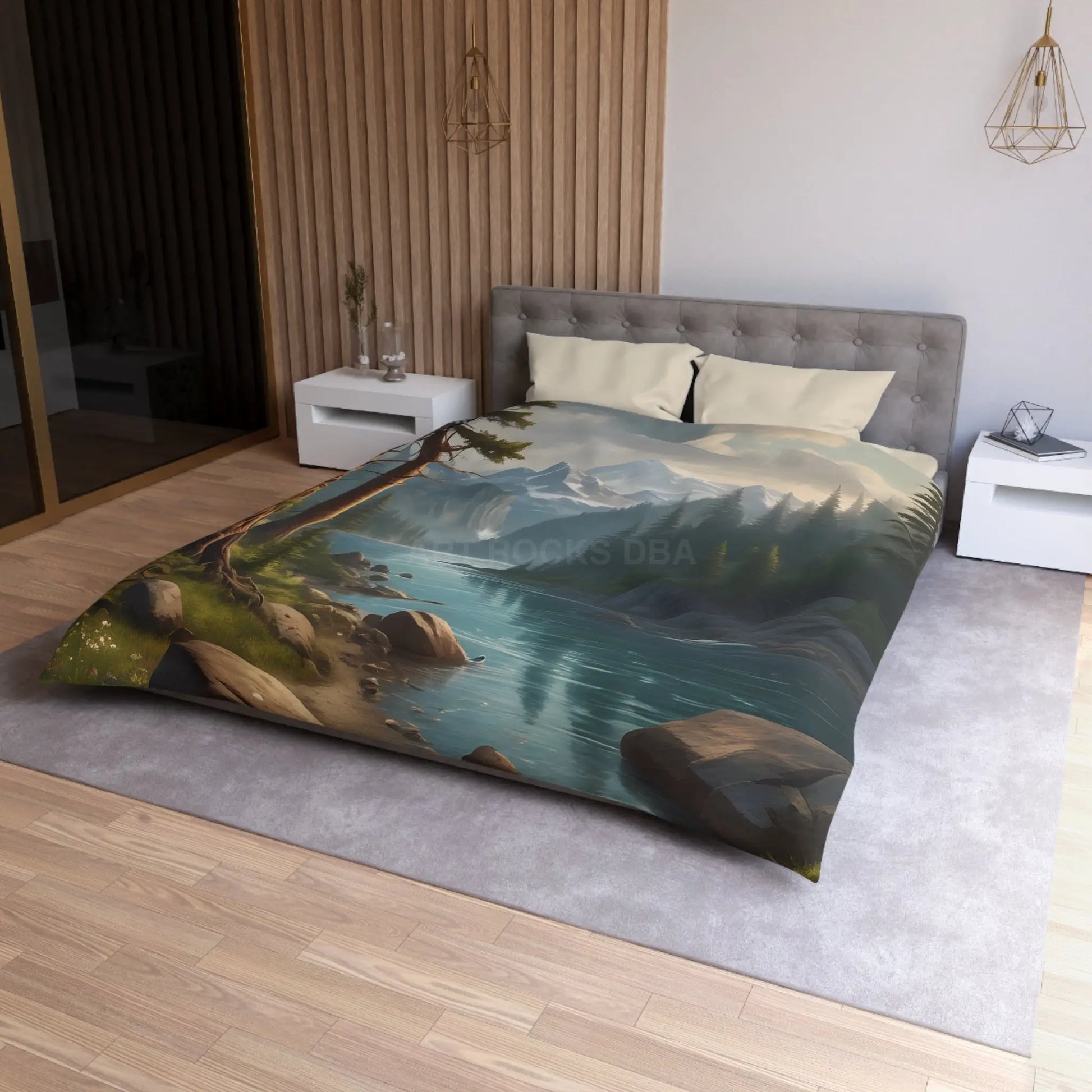 Wintry River in the Pine Tree Mountains Microfiber Duvet Cover - Nature-Inspired Bedding for Relaxation - Home Decor