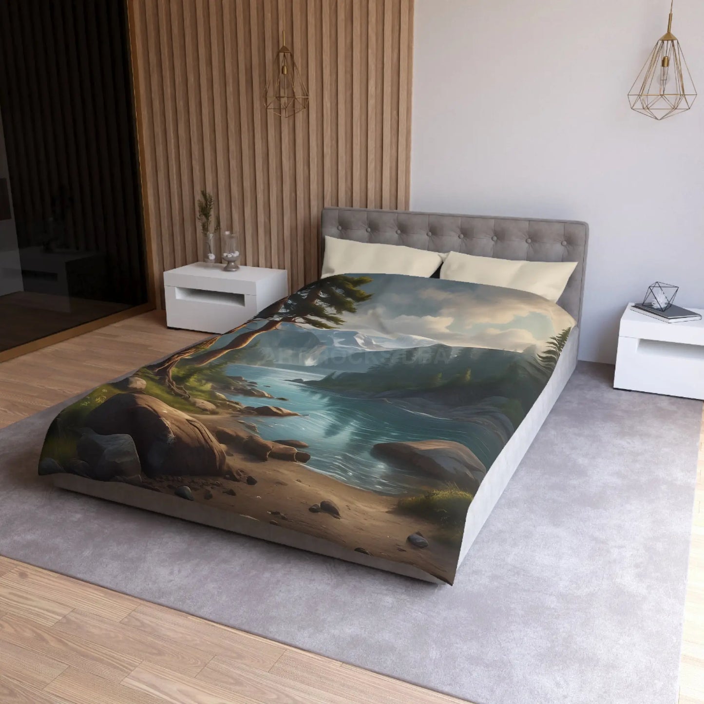 Wintry River in the Pine Tree Mountains Microfiber Duvet Cover - Nature-Inspired Bedding for Relaxation - Home Decor