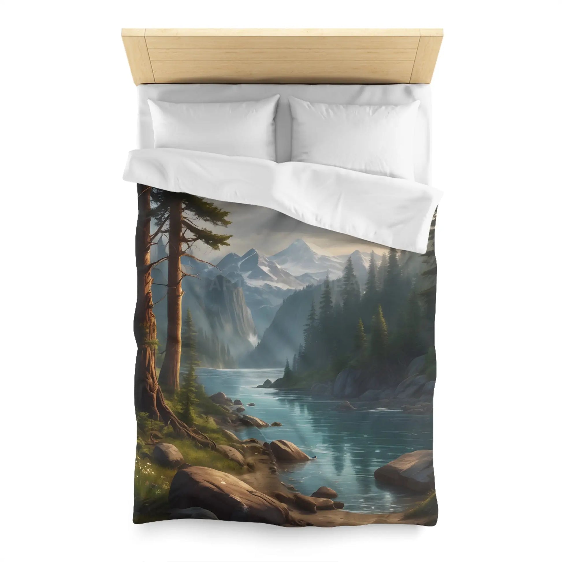 Wintry River in the Pine Tree Mountains Microfiber Duvet Cover - Nature-Inspired Bedding for Relaxation - Home Decor