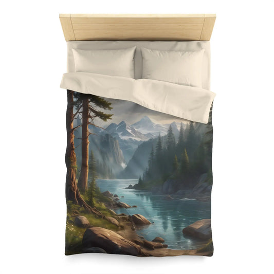 Wintry River in the Pine Tree Mountains Microfiber Duvet Cover - Nature-Inspired Bedding for Relaxation - Twin / Cream
