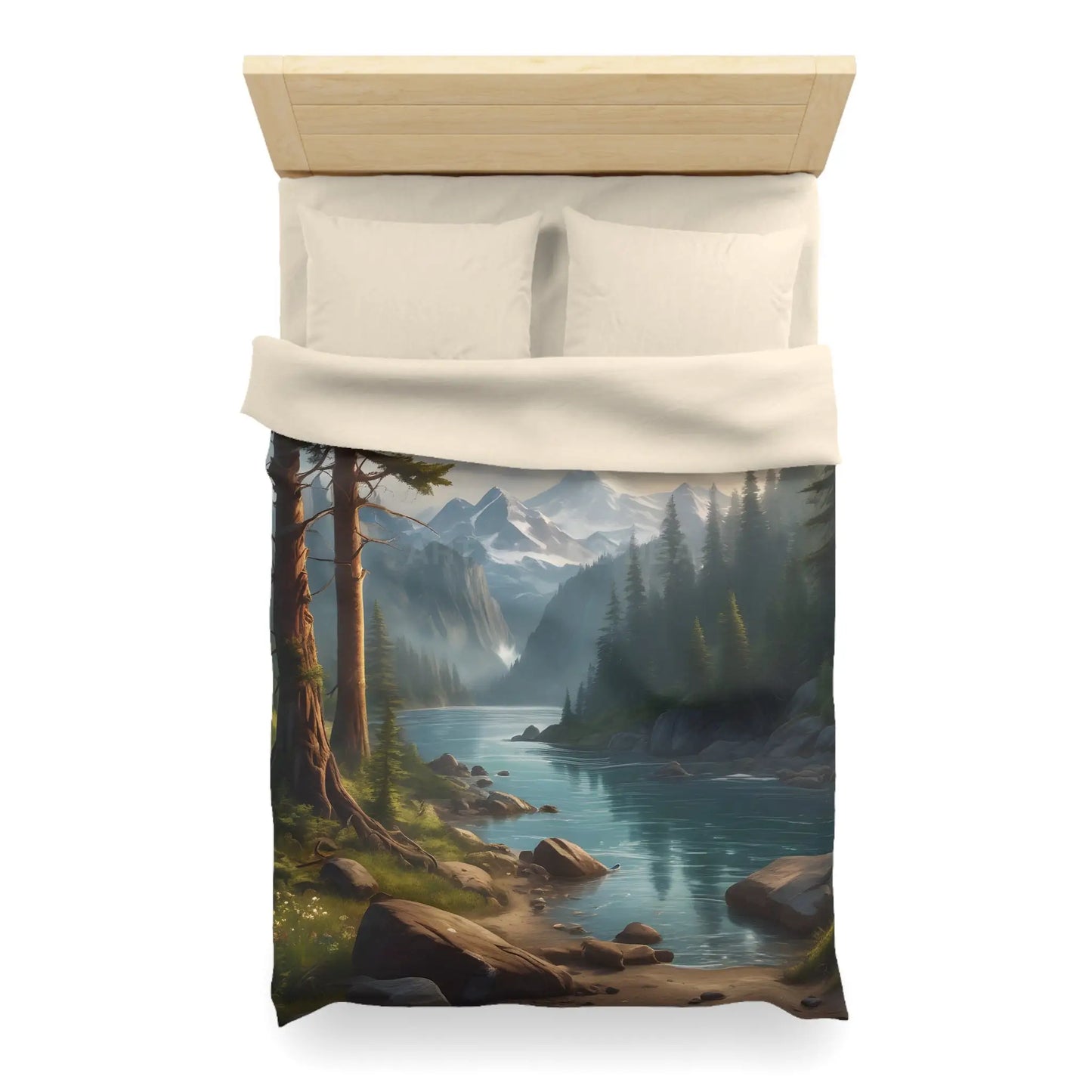 Wintry River in the Pine Tree Mountains Microfiber Duvet Cover - Nature-Inspired Bedding for Relaxation - Home Decor