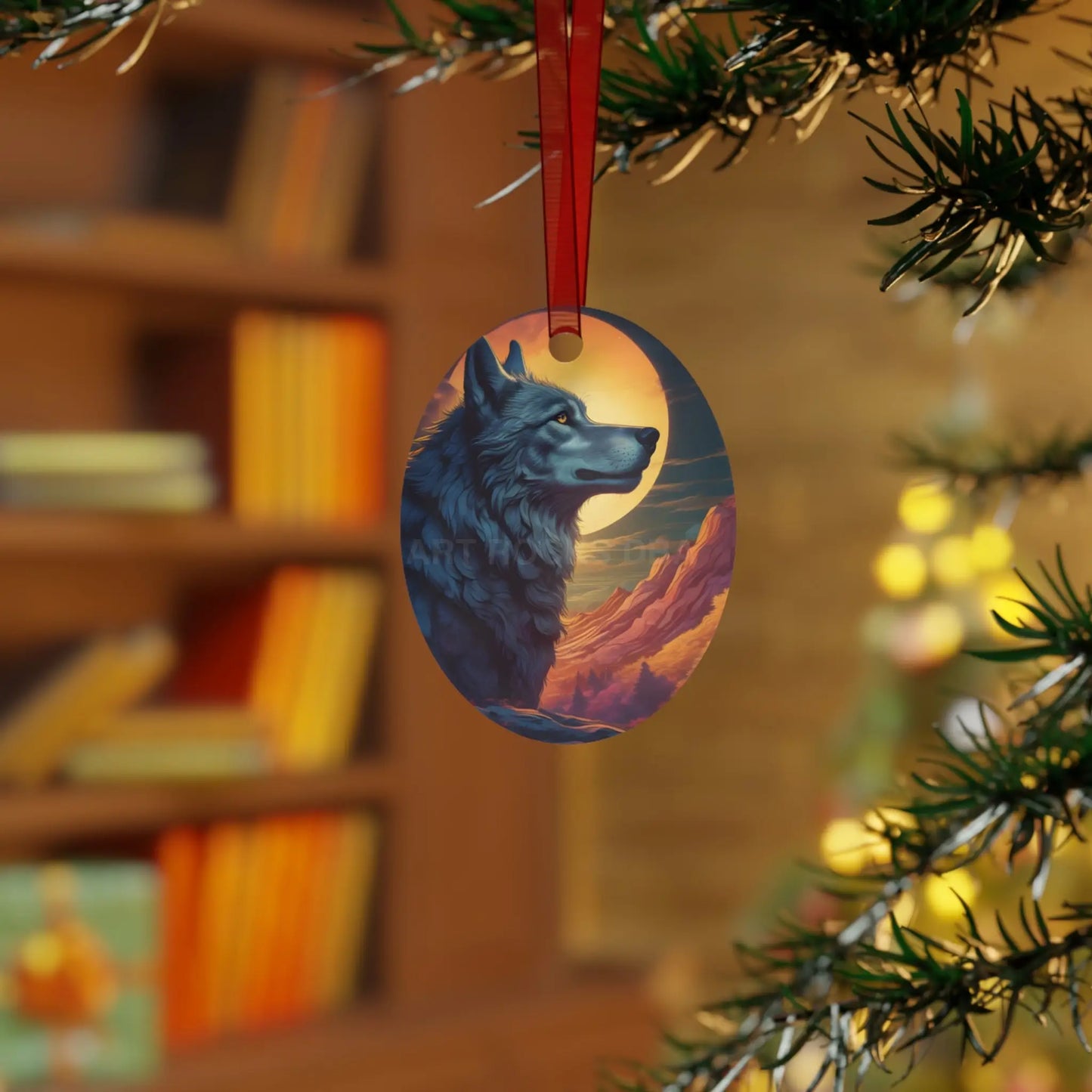 Wolf Moon Metal Ornament — Rustic Nature Ornament for Wildlife Lovers Mountain Sunset Decor - Home Decor