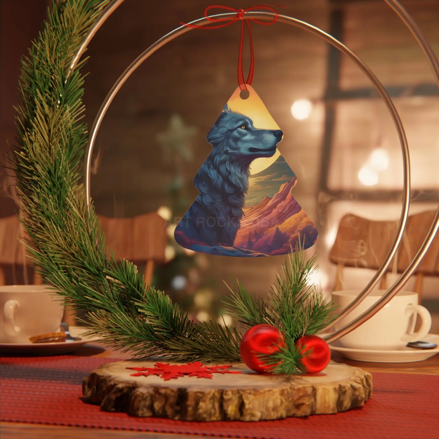 Wolf Moon Metal Ornament — Rustic Nature Ornament for Wildlife Lovers Mountain Sunset Decor - Home Decor