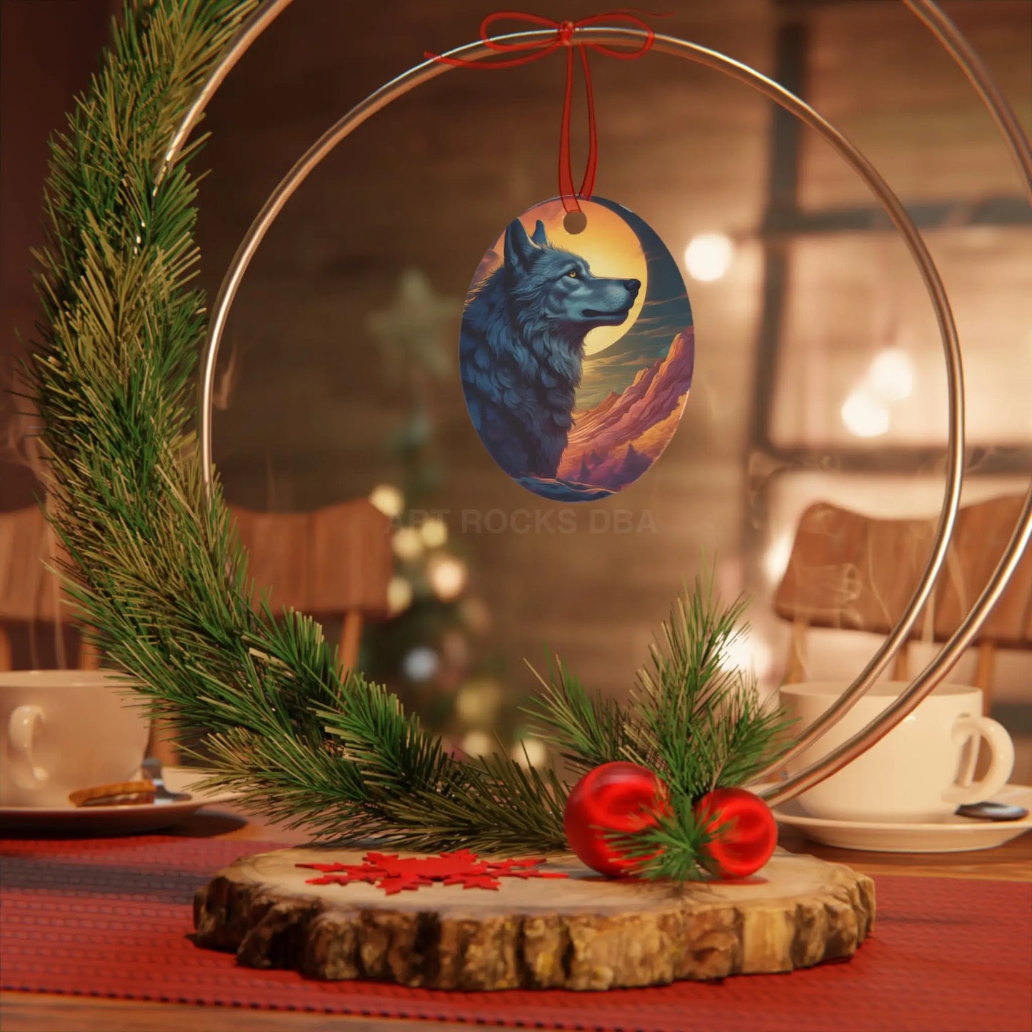 Wolf Moon Metal Ornament — Rustic Nature Ornament for Wildlife Lovers Mountain Sunset Decor - Oval / One Size - Home