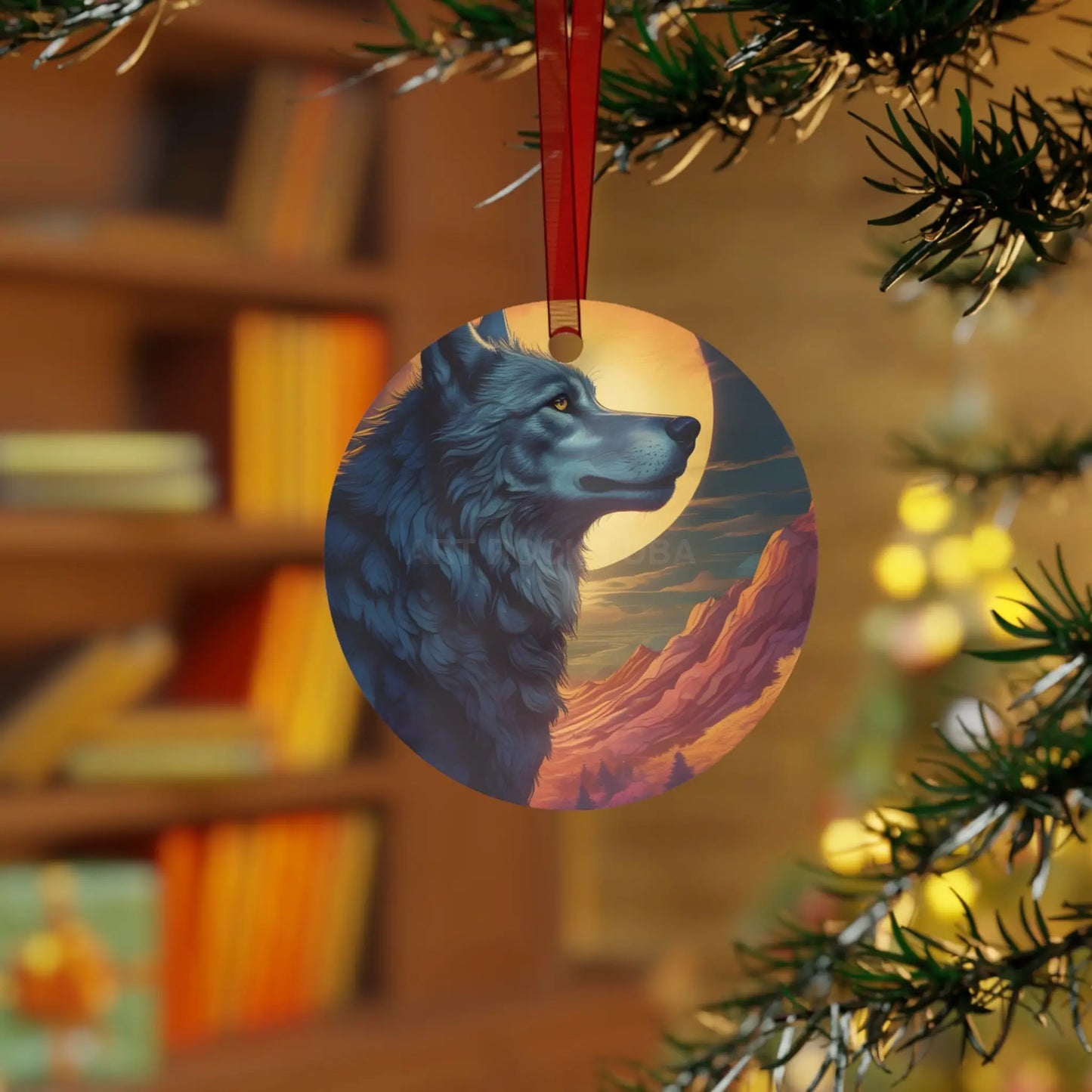 Wolf Moon Metal Ornament — Rustic Nature Ornament for Wildlife Lovers Mountain Sunset Decor - Home Decor