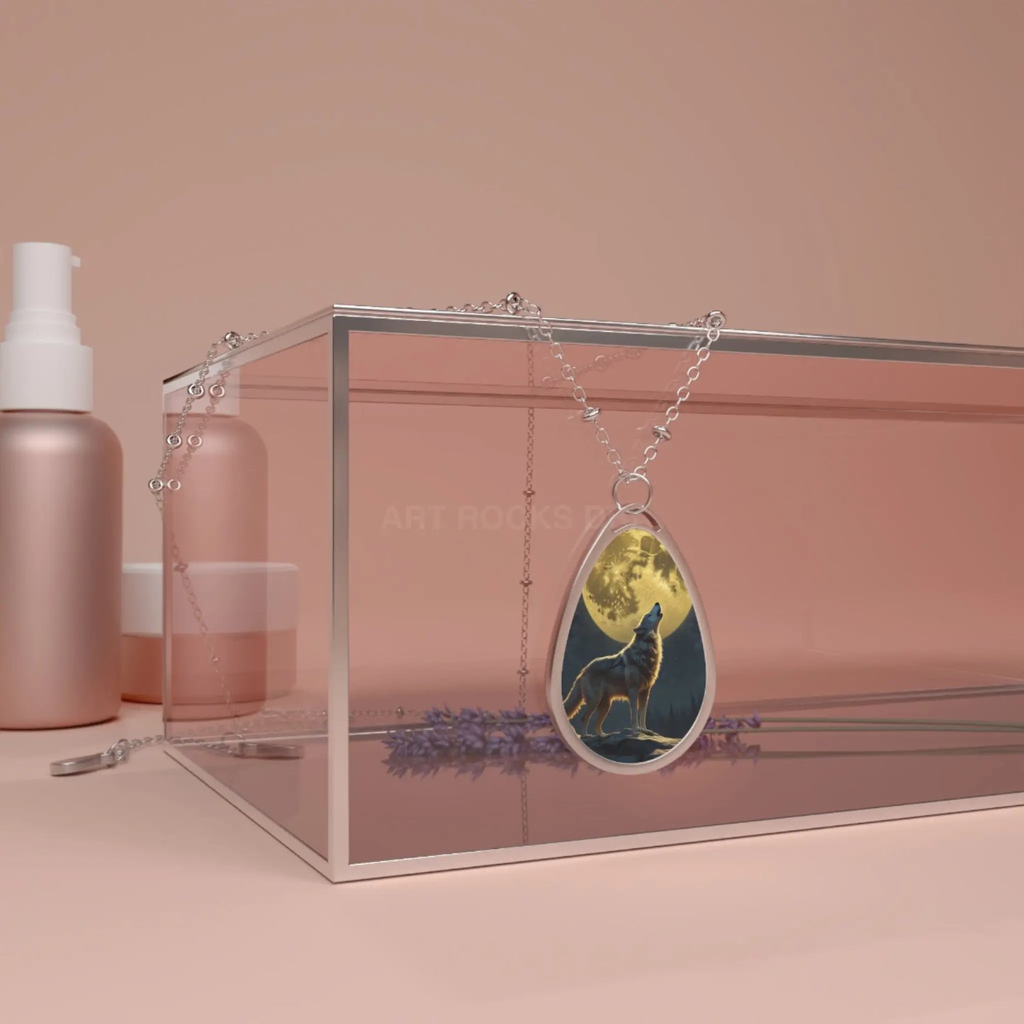 Wolf Moon Oval Necklace — Howling Wolf Pendant Jewelry - One Size / Silver - Accessories