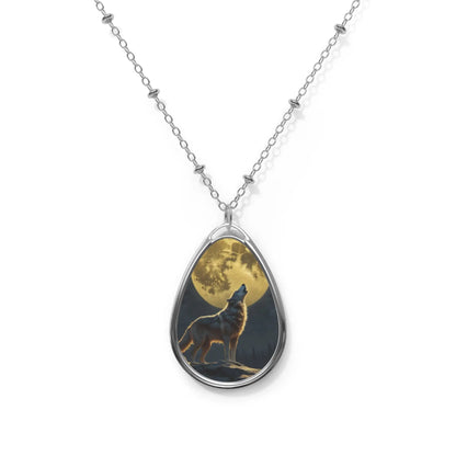 Wolf Moon Oval Necklace — Howling Wolf Pendant Jewelry - One Size / Silver - Accessories