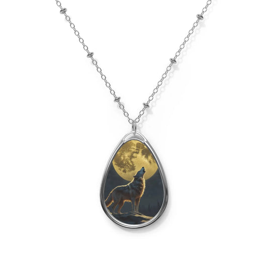 Wolf Moon Oval Necklace — Howling Wolf Pendant Jewelry - One Size / Silver - Accessories