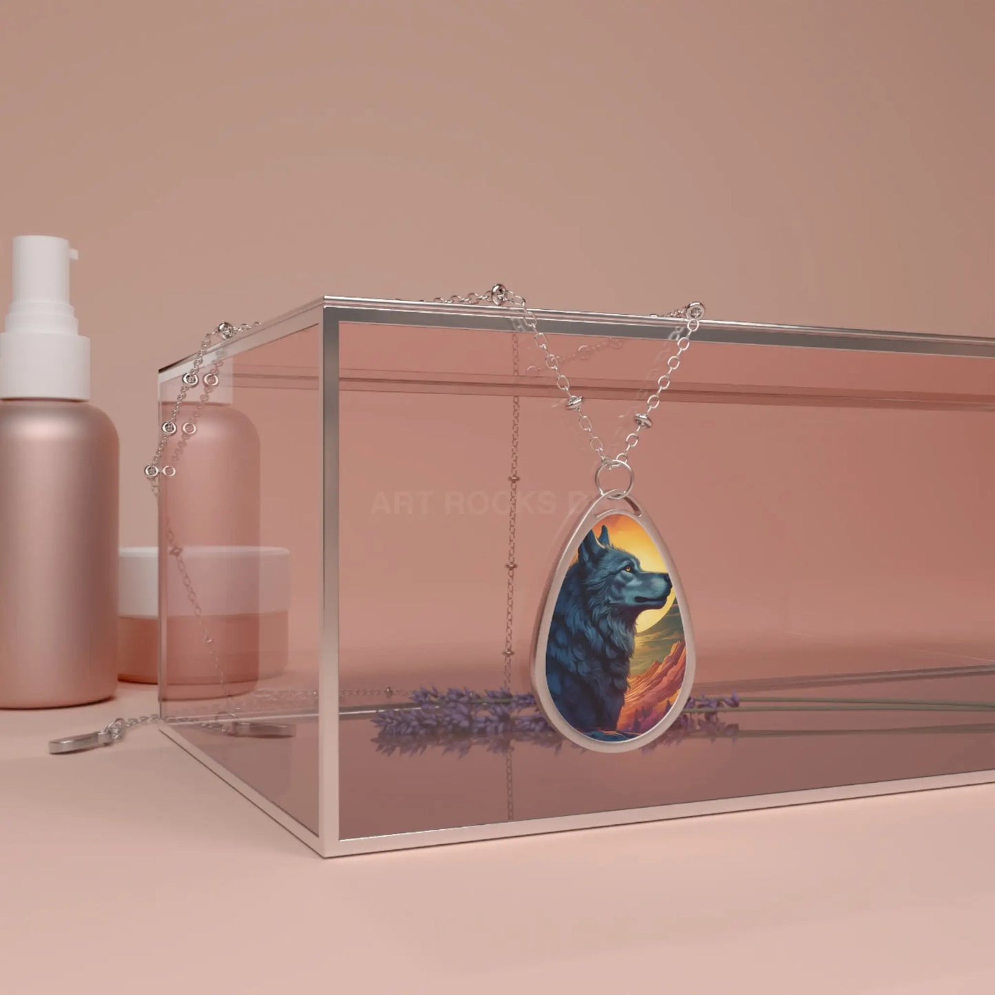 Wolf Sunset Oval Necklace — Silver Teardrop Pendant with Nature Artwork - One Size / Silver - Accessories