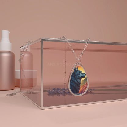 Wolf Sunset Oval Necklace — Silver Teardrop Pendant with Nature Artwork - One Size / Silver - Accessories