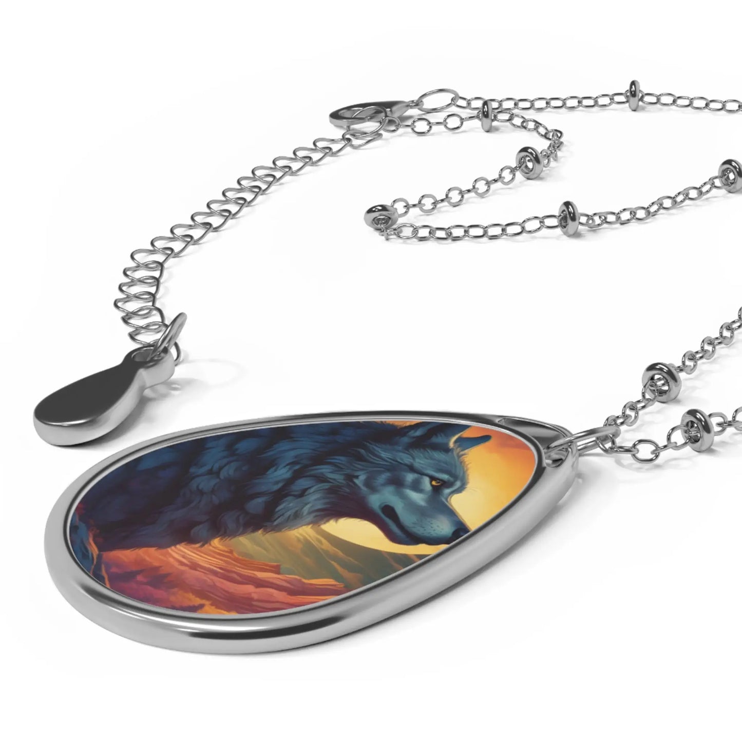 Wolf Sunset Oval Necklace — Silver Teardrop Pendant with Nature Artwork - One Size / Silver - Accessories