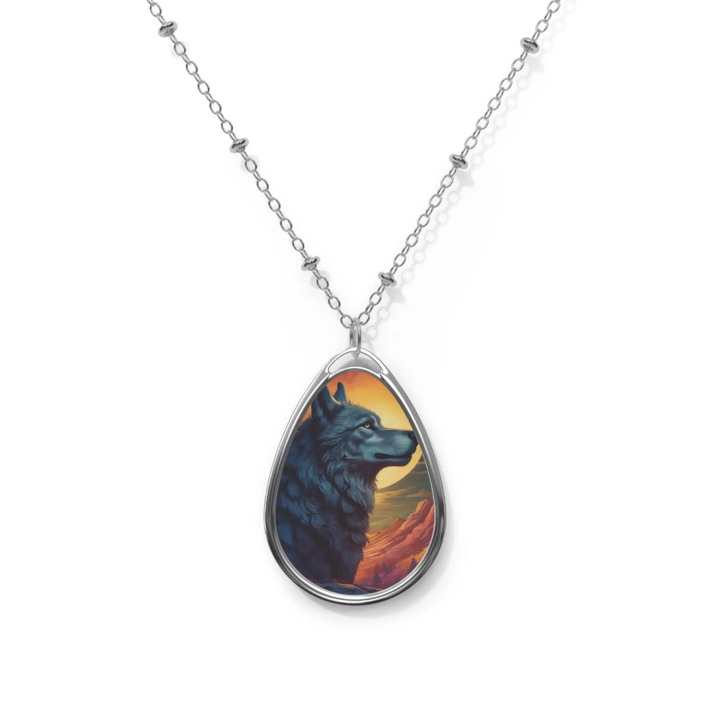 Wolf Sunset Oval Necklace — Silver Teardrop Pendant with Nature Artwork - One Size / Silver - Accessories